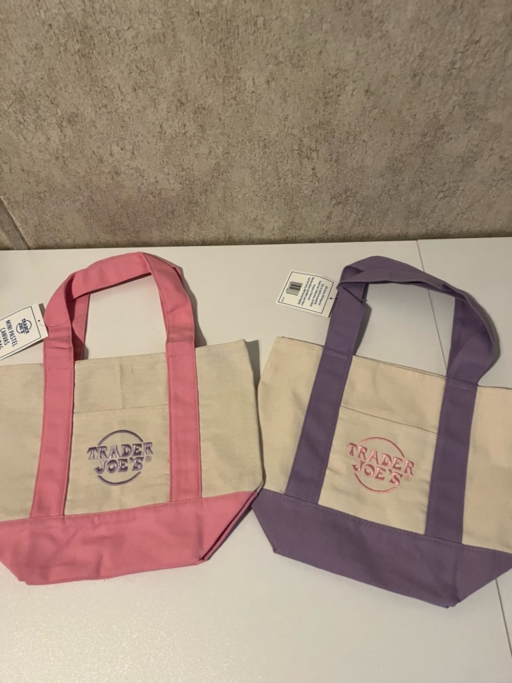 Trader Joes Mini Tote Shopping Bags Pastel Canvas Set of 2-pink and purple NWT